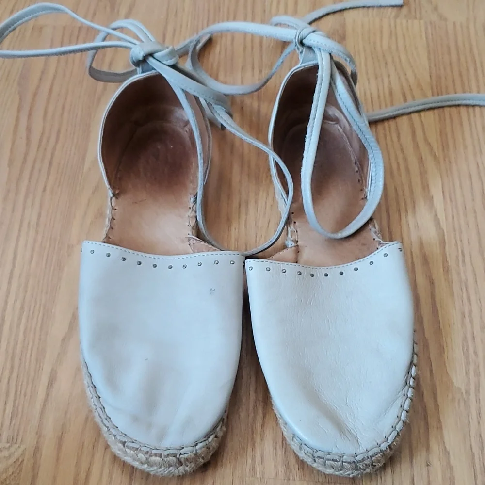 All Saints Light Gray Ankle Wrap Strap Leather Espadrilles Size 39/8